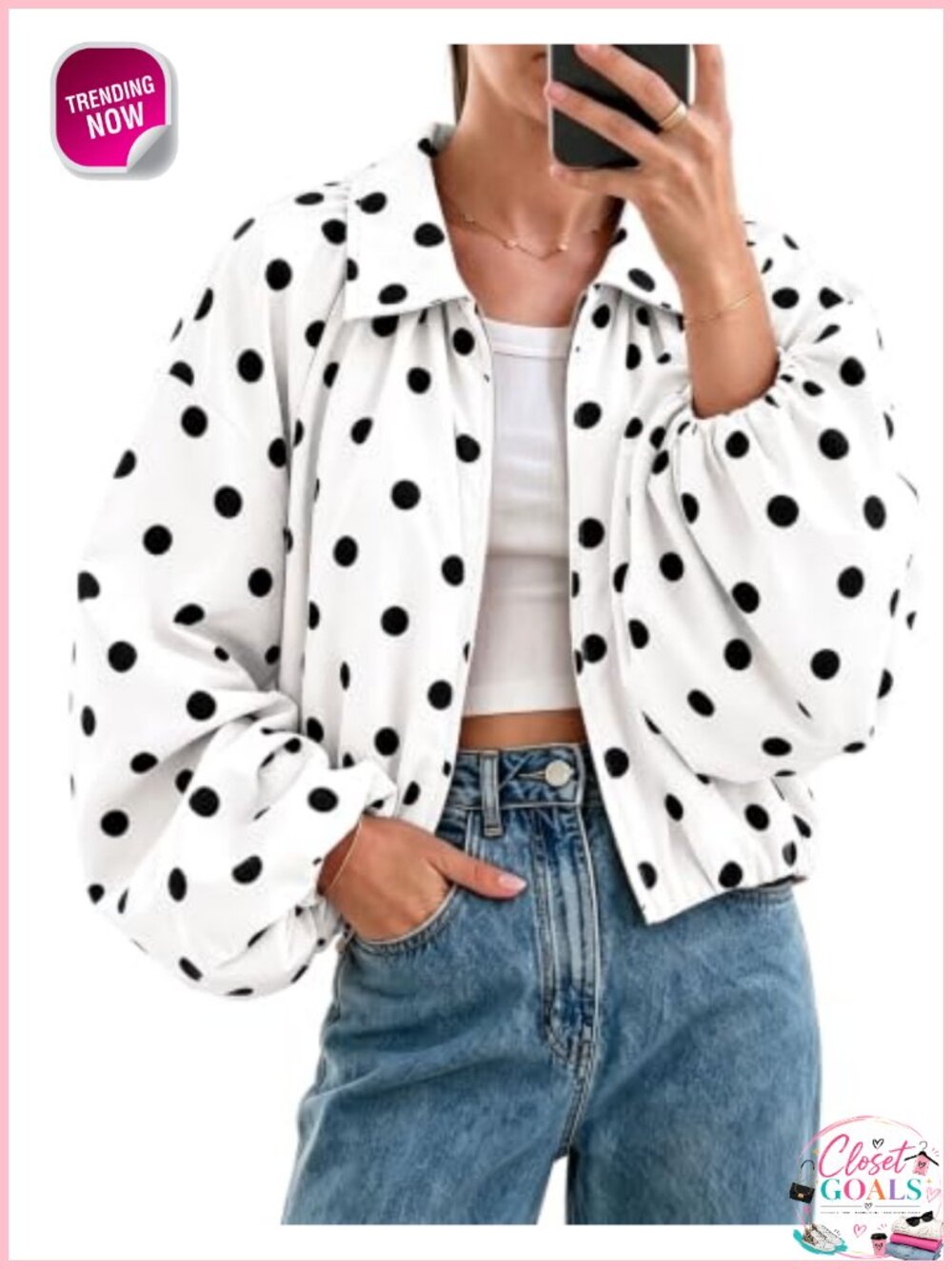 Women Polka Dot Bomber Jacket Cropped Loose Zip Up Pleated Coat